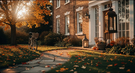Autumn leaves in the backyard of a country house with a bicycleの素材