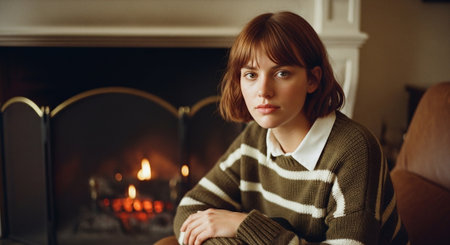 Portrait of a young woman sitting by the fireplace at home.の素材
