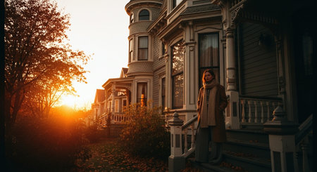 A woman in a brown coat is standing in front of a row of old houses in the evening.の素材