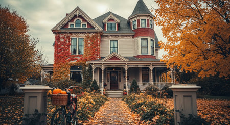 Vintage Style Autumn Scenery of Historic House in Fall Season.の素材