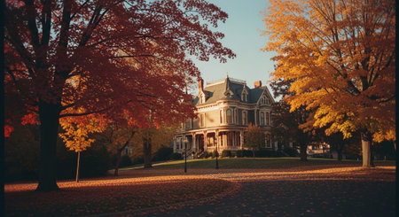 Old victorian mansion in the autumn park. Retro style tonedの素材