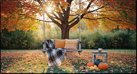 Scandinavian style swing with plaid, pillows, plaid blanket and pumpkin in autumn park.の素材