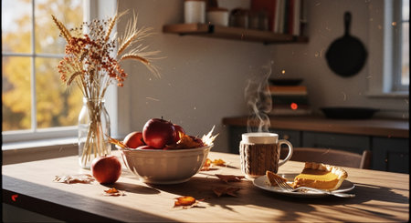 Autumn still life with cup of coffee on the table in the kitchenの素材