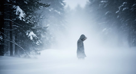 Mysterious woman in winter forest with snow covered trees and fogの素材