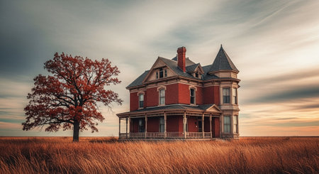 Abandoned house in the middle of a field in autumn.の素材