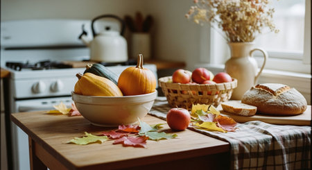 Autumn still life with pumpkins, apples and leaves in kitchenの素材