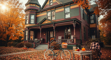 Halloween in the fall. Old wooden house with pumpkins and a bicycle.の素材