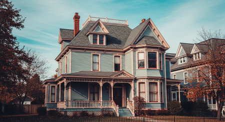 Vintage toned image of two old Victorian houses in a suburban neighborhood.の素材