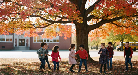 Group of children playing together in a park during autumn season, back to school and education conceptの素材