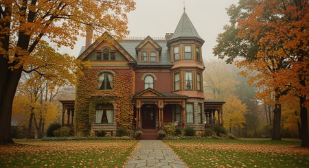 Autumn landscape in the park with a beautiful old house in the fogの素材