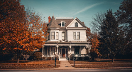 Vintage american style home in the fall. Colorful fall leaves.の素材