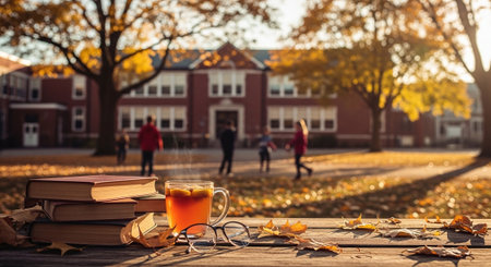 A cup of tea with books and glasses on a wooden table in the autumn parkの素材
