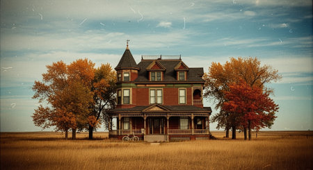 Vintage photo of an abandoned house in a field with autumn treesの素材