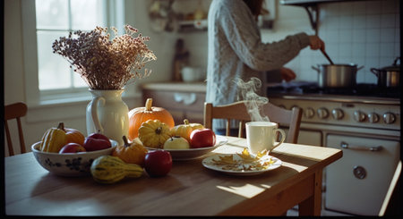 Beautiful young woman cooking in the kitchen. Selective focus.の素材