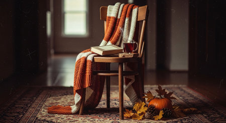 Cozy home interior. Comfortable chair with knitted plaid, cup of tea and autumn leaves on the carpet.の素材
