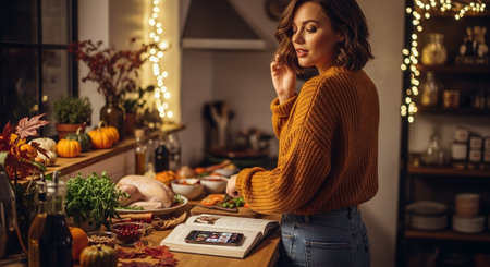 Beautiful young woman in sweater and jeans is preparing for Thanksgiving.の素材