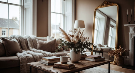 Cozy living room interior with sofa, coffee cup, books and flowersの素材