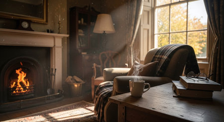 A cup of coffee on a wooden table in a cozy living room with a fireplaceの素材