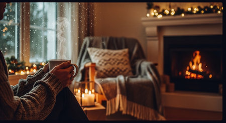 Woman sitting in front of fireplace and holding cup of hot drink.の素材