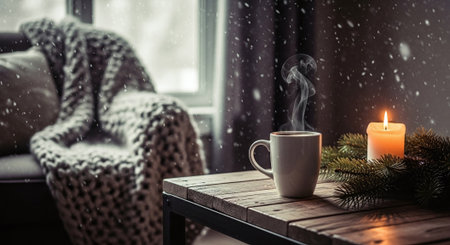 Cup of coffee with christmas decoration on wooden table near window at homeの素材