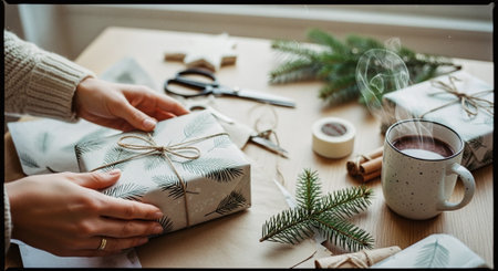 Close-up of female hands wrapping christmas gift box with kraft paper, cinnamon sticks, cup of hot chocolate and pine branches on wooden tableの素材