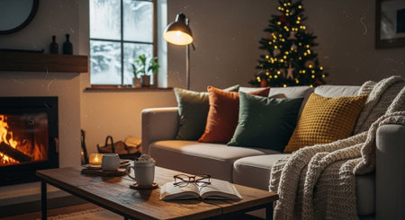 Cozy living room with fireplace, coffee cup and christmas treeの素材