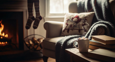 Cup of hot cocoa with marshmallows and woolen socks on wooden table in cozy living roomの素材