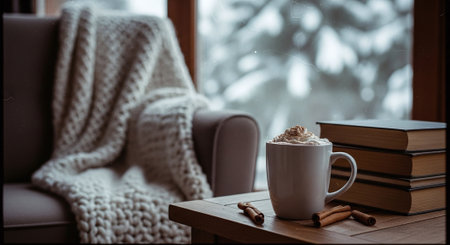 Cup of hot cocoa with marshmallow and knitted blanket on the windowsillの素材