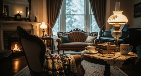 Luxury interior of a living room with a fireplace, armchair, coffee table and a book.の素材