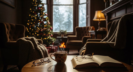 Cup of coffee and book on table in living room with Christmas treeの素材