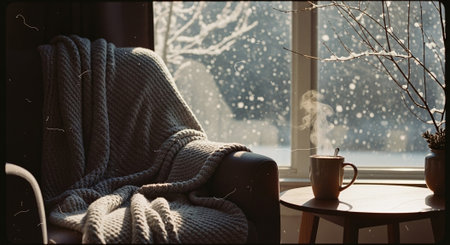 Cup of hot drink and knitted blanket on the windowsill in winterの素材