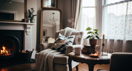 Cozy living room with fireplace and coffee table. Cozy winter evening.の素材