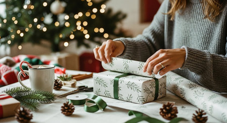 Cropped image of woman wrapping christmas presents in paper at homeの素材