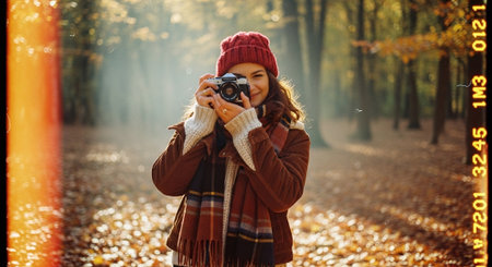 Beautiful young woman in a red hat and scarf with a camera in the autumn forestの素材