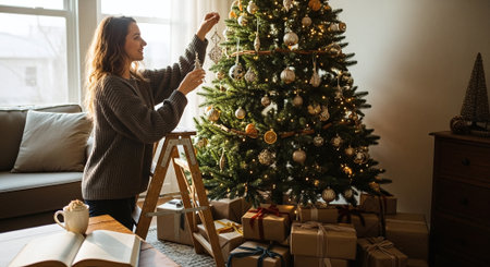 Beautiful young woman decorating Christmas tree in living room at homeの素材