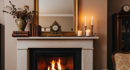 Fireplace in the living room with candles, books and a clockの素材