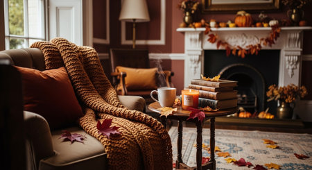 Cozy autumn home interior. Cozy living room with fireplace, sofa, plaid, books and cup of tea. Cozy autumn conceptの素材