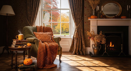 Cozy autumn living room with fireplace, armchair, pillows, books and pumpkinsの素材