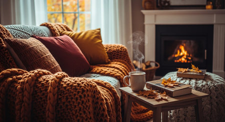 Cozy living room with fireplace, autumn leaves, coffee cup and knitted plaidの素材