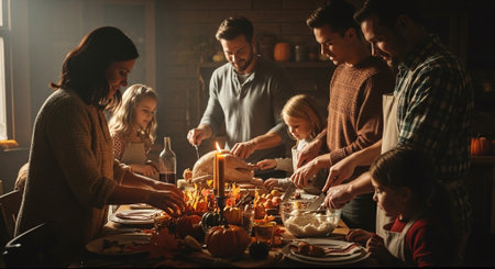 Happy family having Thanksgiving dinner at home. Parents and children celebrate Thanksgiving together.の素材