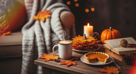 Autumn still life with cup of coffee, pumpkin pie, book, candles and warm plaid on wooden tableの素材