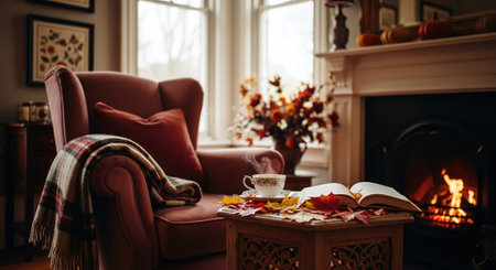 Cozy home interior with armchair, book, cup of tea and autumn leaves.の素材