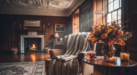 Cozy living room with fireplace, armchair, knitted plaid and cup of teaの素材