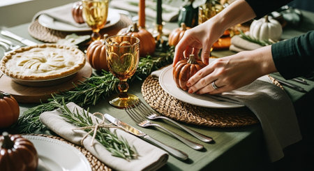 Hands of unrecognizable woman decorating pumpkins for Thanksgiving dinnerの素材
