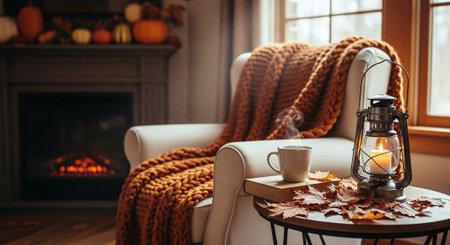 Cozy autumn interior. Cup of hot drink, knitted plaid, autumn leaves, cozy armchair and fireplace. Cozy home concept.の素材