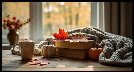 Autumn still life with a cup of coffee, books, pumpkins and a knitted scarf on the windowsillの素材