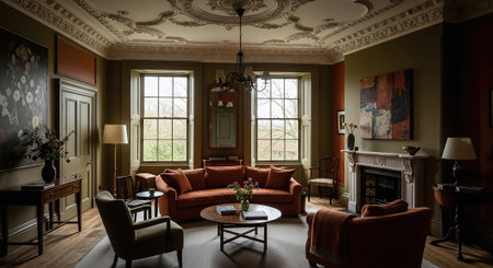 Luxury living room with fireplace and sofas in classic styleの素材