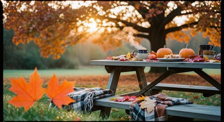 Autumn picnic with pumpkins, coffee and plaid in the parkの素材