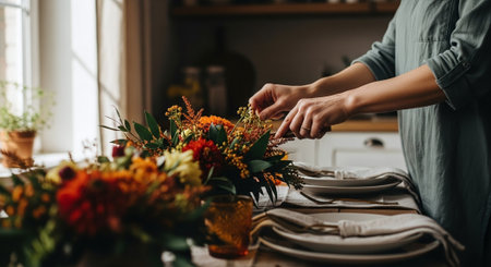 Cropped image of female florist arranging flowers in vase at tableの素材