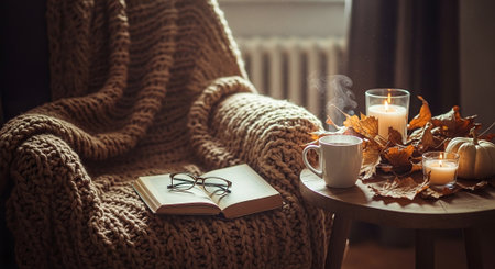 Autumn still life with cup of coffee, book, candle, autumn leaves and knitted sweaterの素材